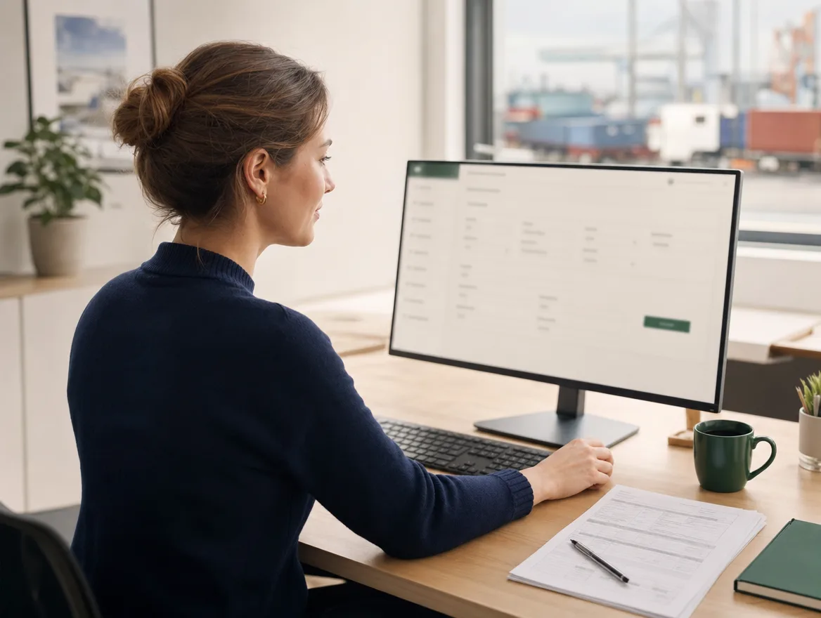 Freight forwarding operator reviewing a shipment in YLOAD 360 at her desk