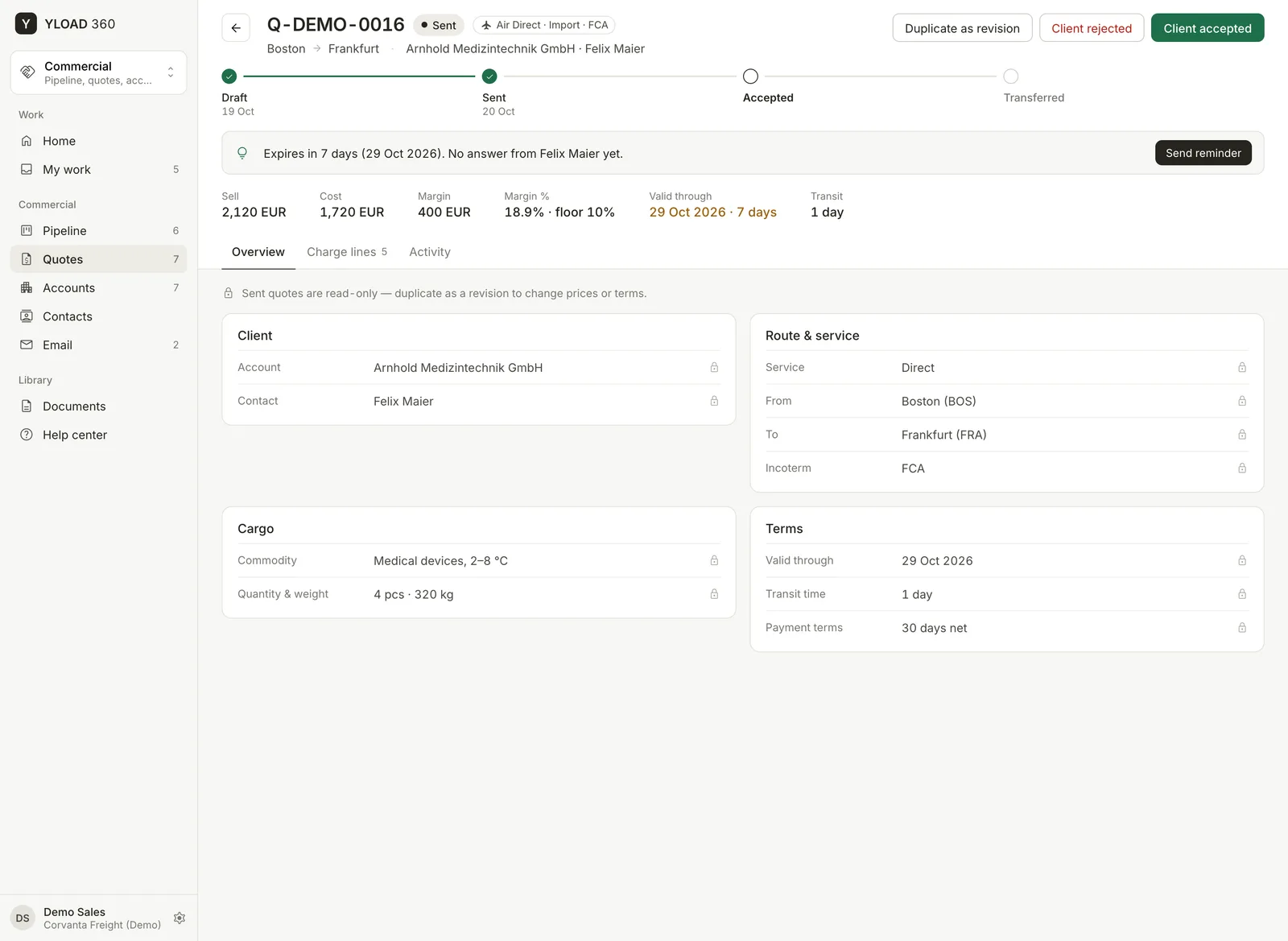 YLOAD 360 quote Q-DEMO-0016 for Arnhold Medizintechnik